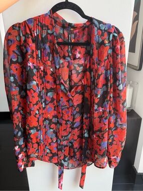 W118 By Walter Baker Red Floral Tie-Neck Blouse with Black and Purple Accents